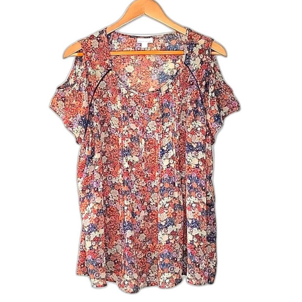 WESTPORT 1962 Sheer Floral Short Sleeve Cold Shoulder Blouse size XL Colorful